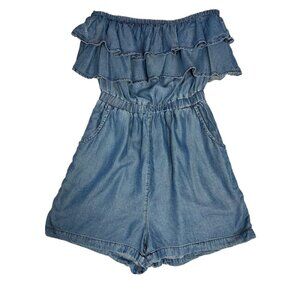 Blue Rain Chambray Romper Size Small Tencel Fabric Sleeveless Ruffles